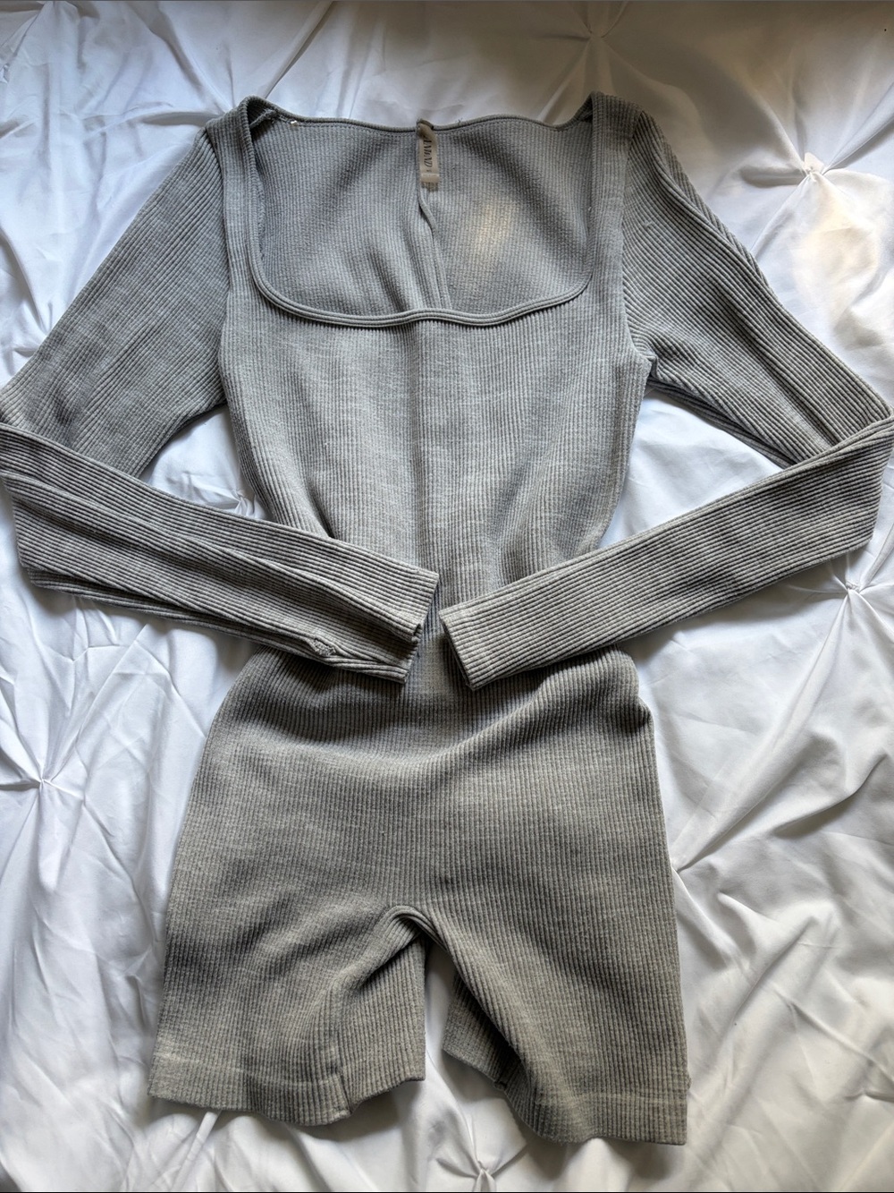 Ribbed Long-Sleeve Square Neck Romper - Light Gray